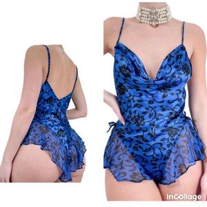 Vintage 90s teddy bodysuit blue satin spaghetti strap thong lingerie sexy black